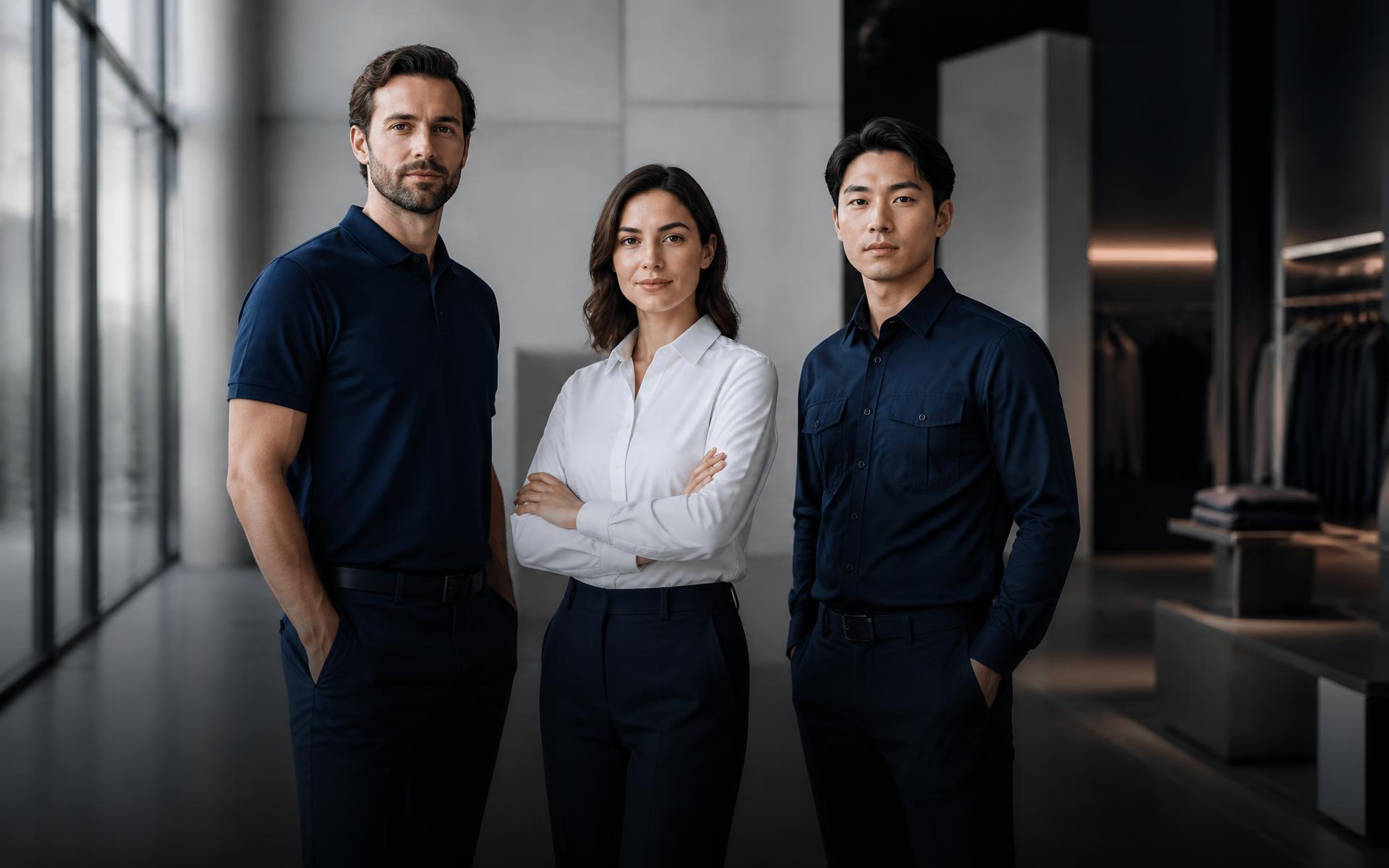 Profissionais vestindo uniformes corporativos personalizados em ambiente corporativo moderno